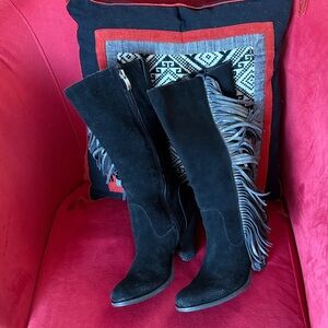 Reba Black Suede Fringe Heeled Boots